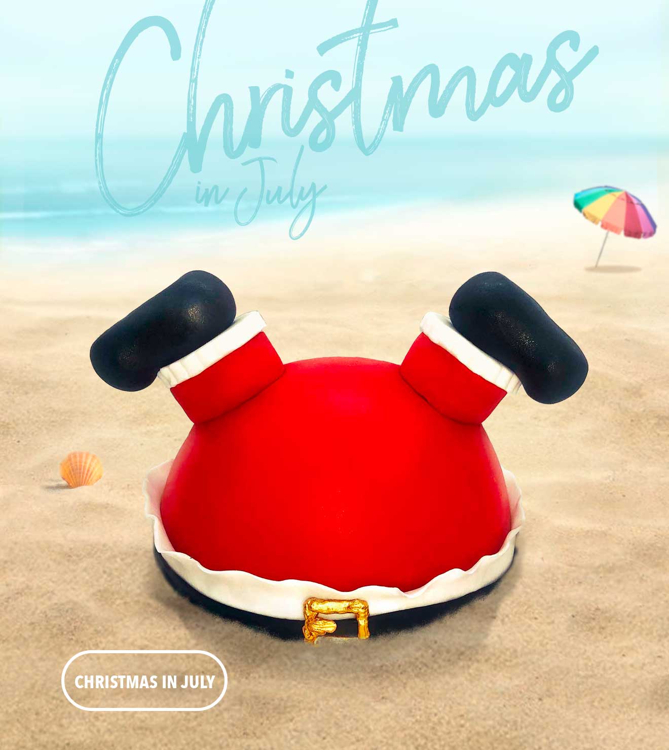 Christmas in July, Santa at the beach, upside down in the sand